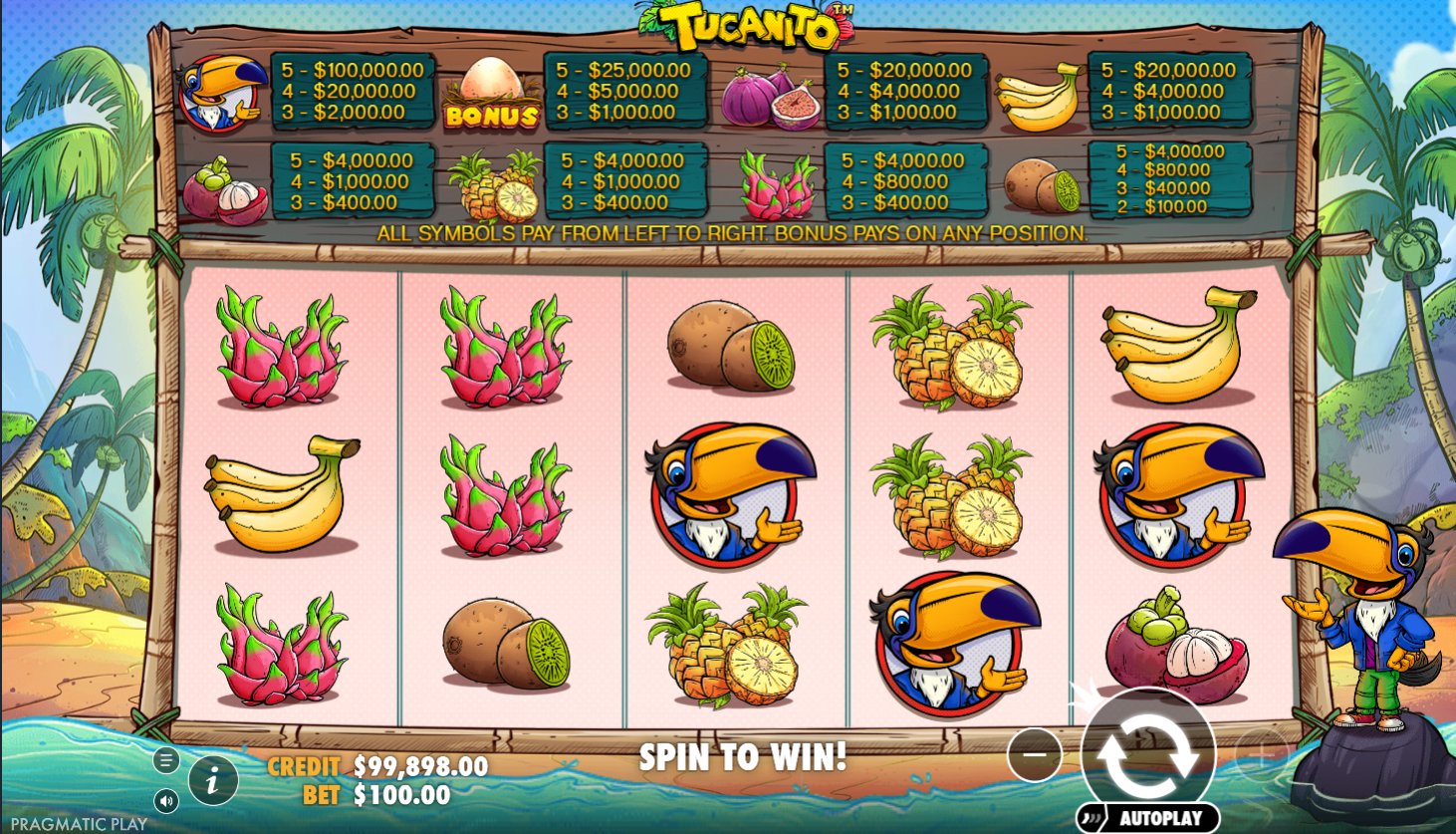 Tucanito Slot Gameplay — frutas tropicales